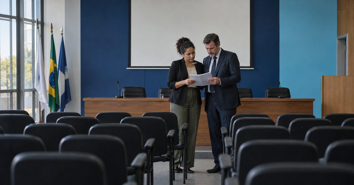 Equipe de licitação diante de uma sala de sessão pública vazia em uma prefeitura