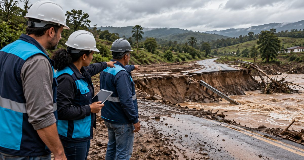 Equipe da defesa civil e servidores municipais avaliando uma ponte danificada