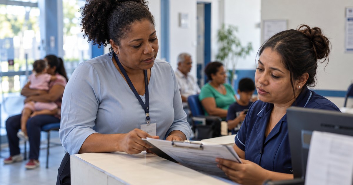 Servidora municipal e recepcionista conferindo formulário na recepção de uma clínica credenciada.